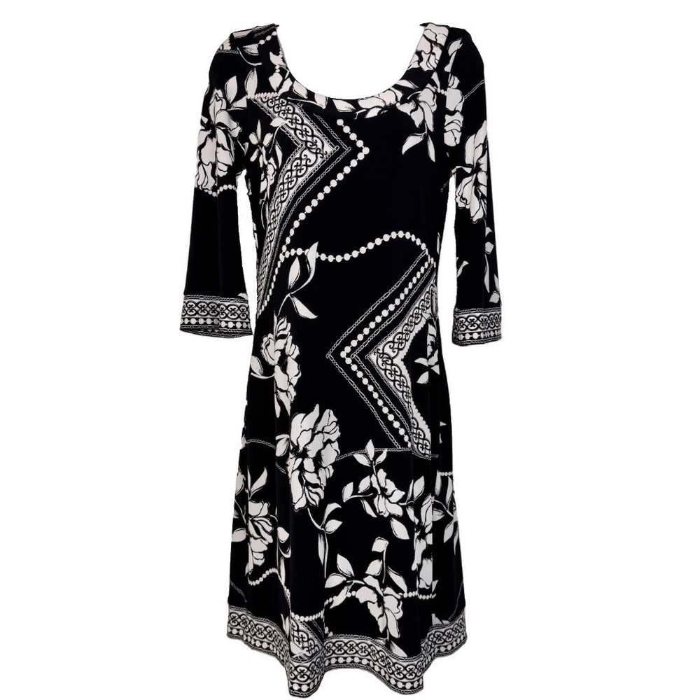 White House Black Market Dress Women XS Black White Floral 3/4 Sleeve Sheath